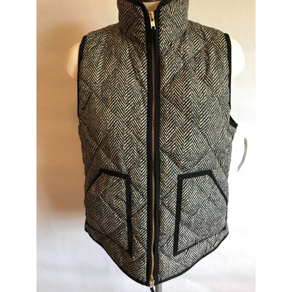 J. Crew Black and Tan Chevron Print Zip-Up Quilted Puffer Vest, Size Small - Picture 3 of 8